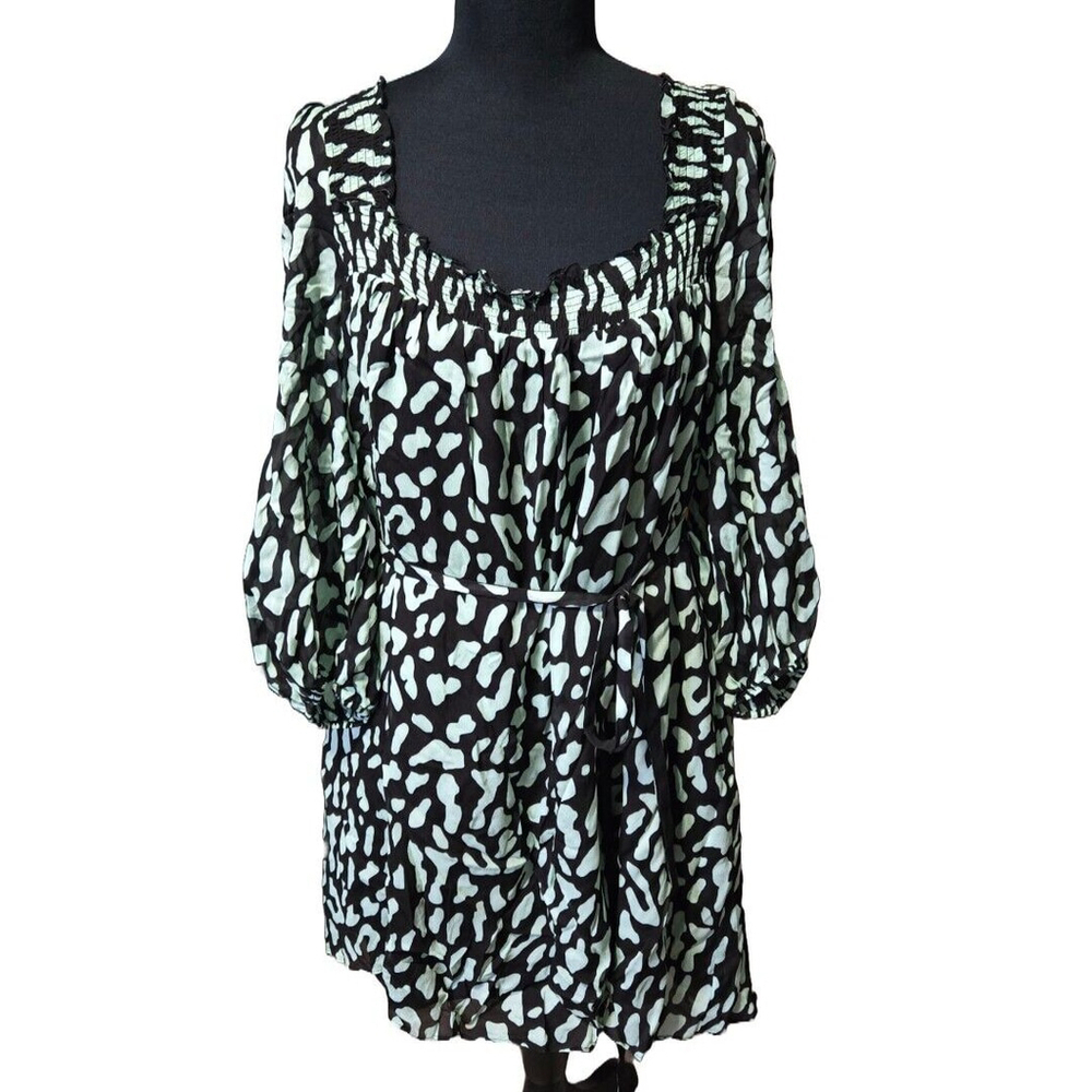 Diane Von Furstenberg Animal Print Mini Dress Size Large Green Black Boho Indie - Picture 2 of 8
